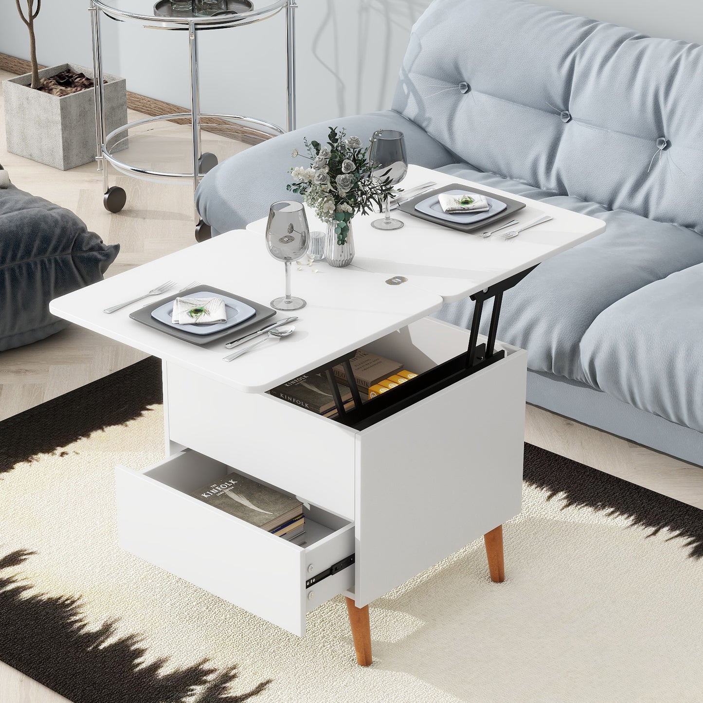 White Extendable Coffee Table with Storage & Lift Top