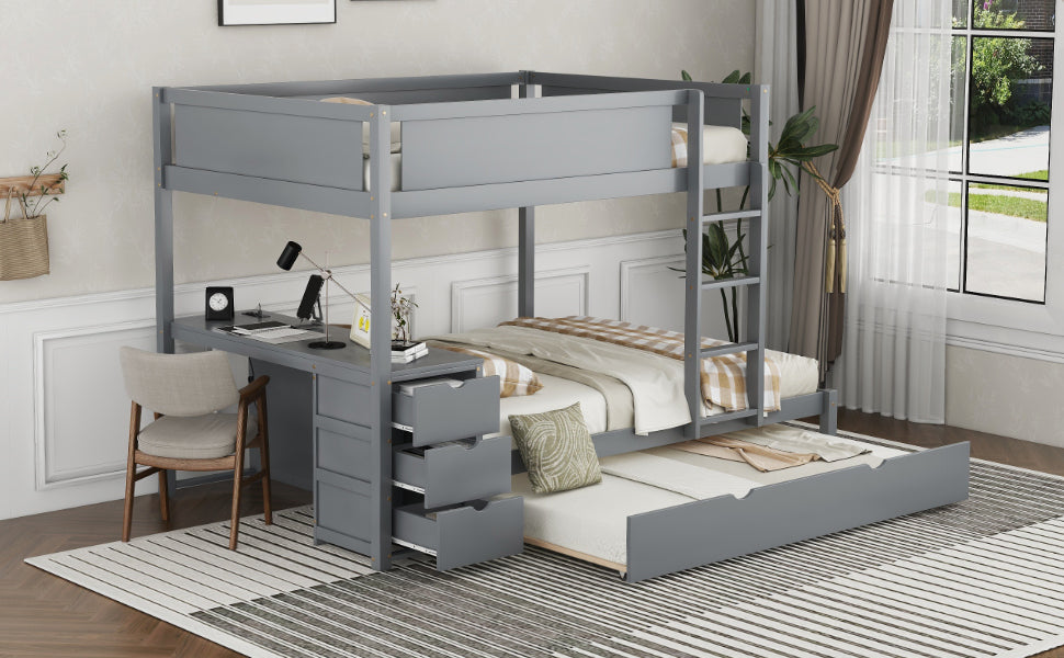 Full-Over-Full Bunk Bed with Twin Trundle, Storage, Desk, and USB Outlets, Gray - Ultimate Space-Saving Solution for Bedroom