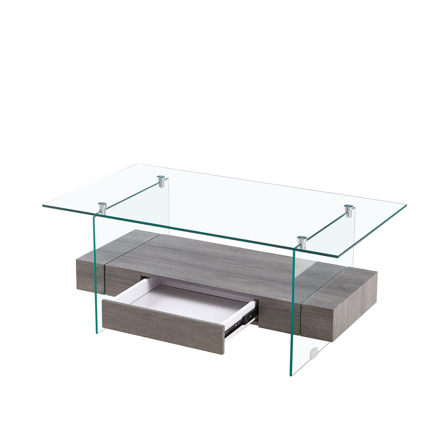 Modern Gray and Transparent Tempered Glass Coffee Table with Storage功能 and Non-Slip Legs