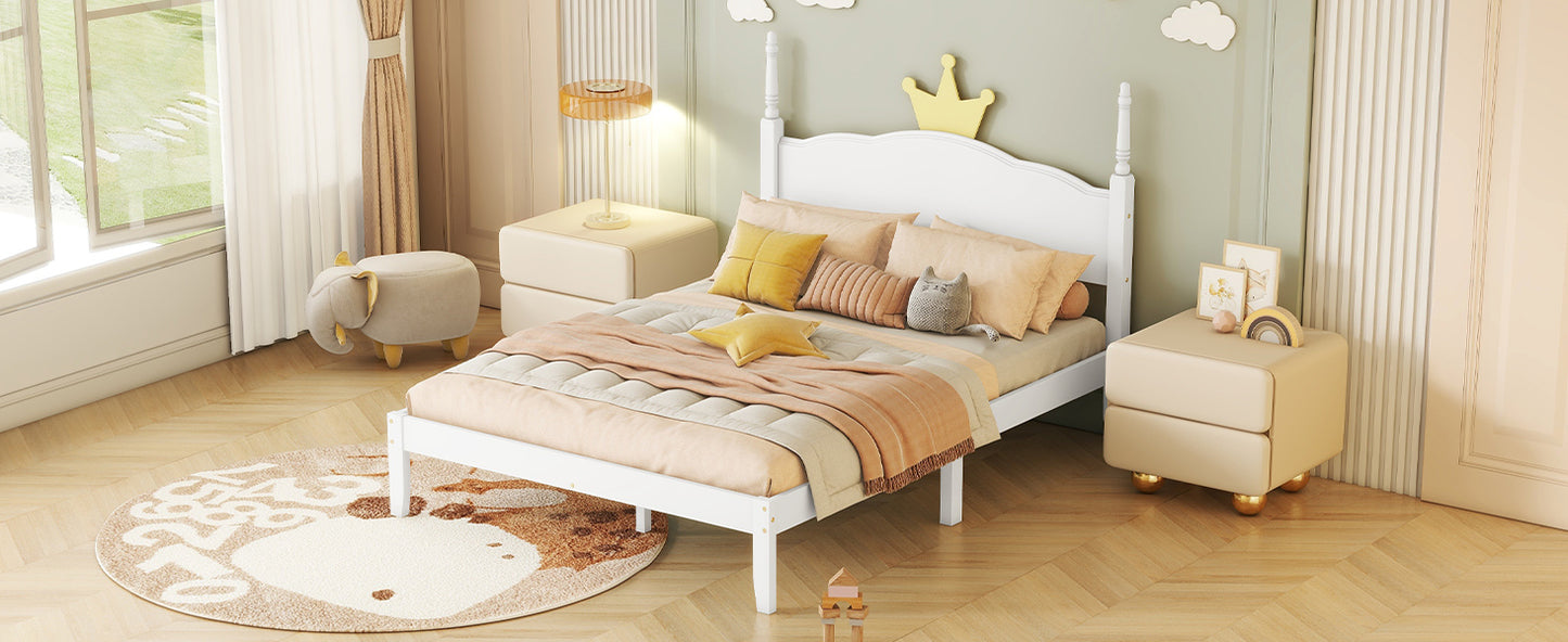 Full Size Wood Platform Bed with Crown Shaped Headboard, White