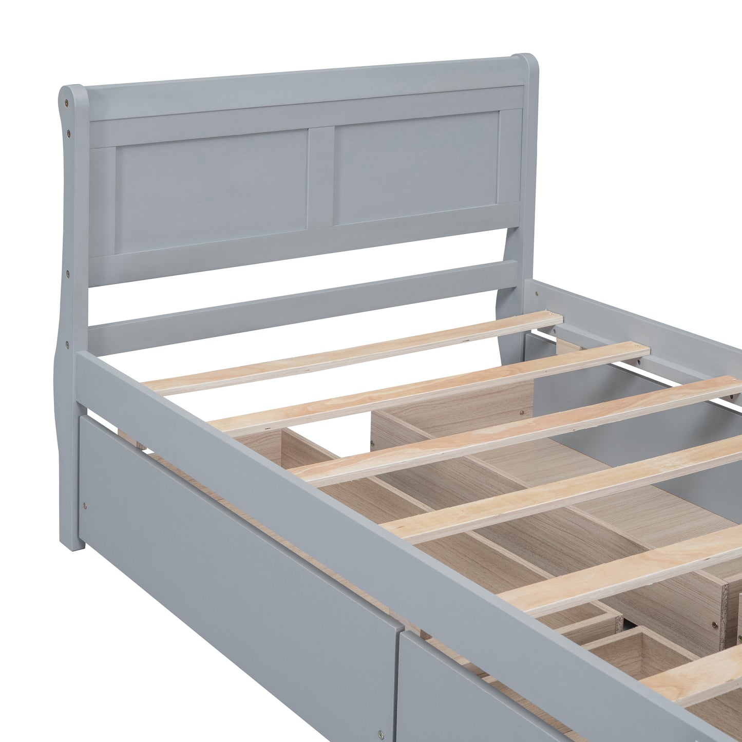 Twin Size Wood Platform Bed with 4 Drawers and Streamlined Headboard & Footboard, Gray