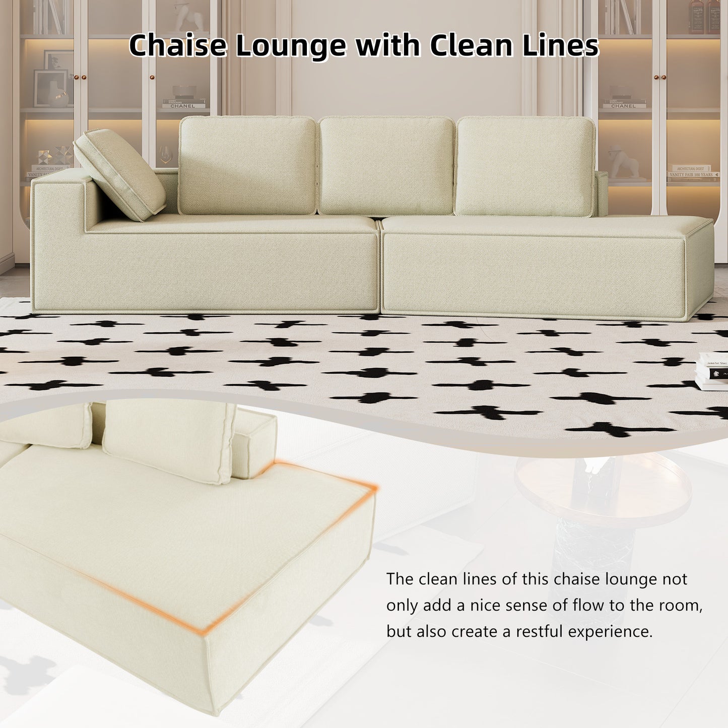 Stylish Beige Chaise Lounge Sofa with High-Density Foam and Chenille Fabric