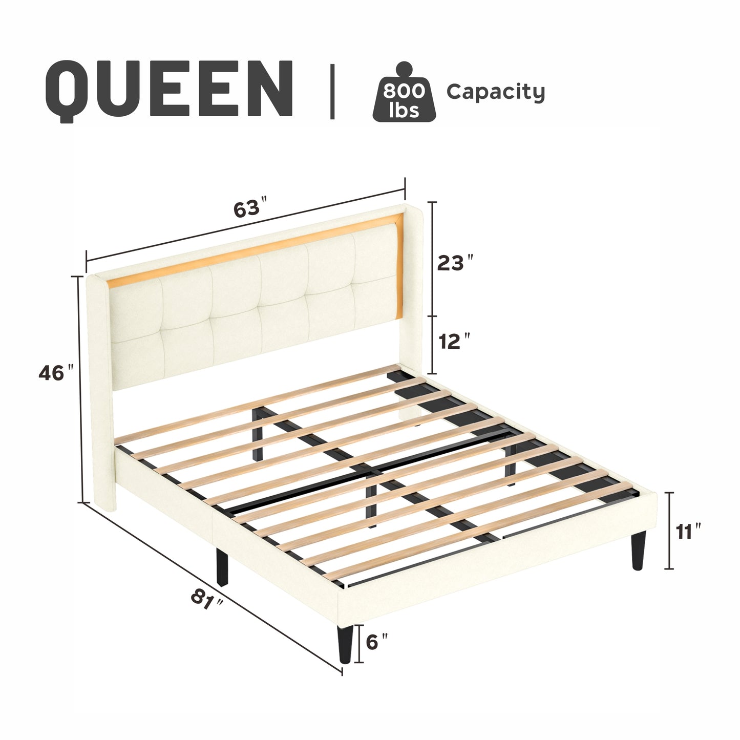 Queen Size Upholstered bed with headboard, sturdy wooden slats, high load-bearing capacity, non-slip and noiseless, no springs, easy to assemble, beige