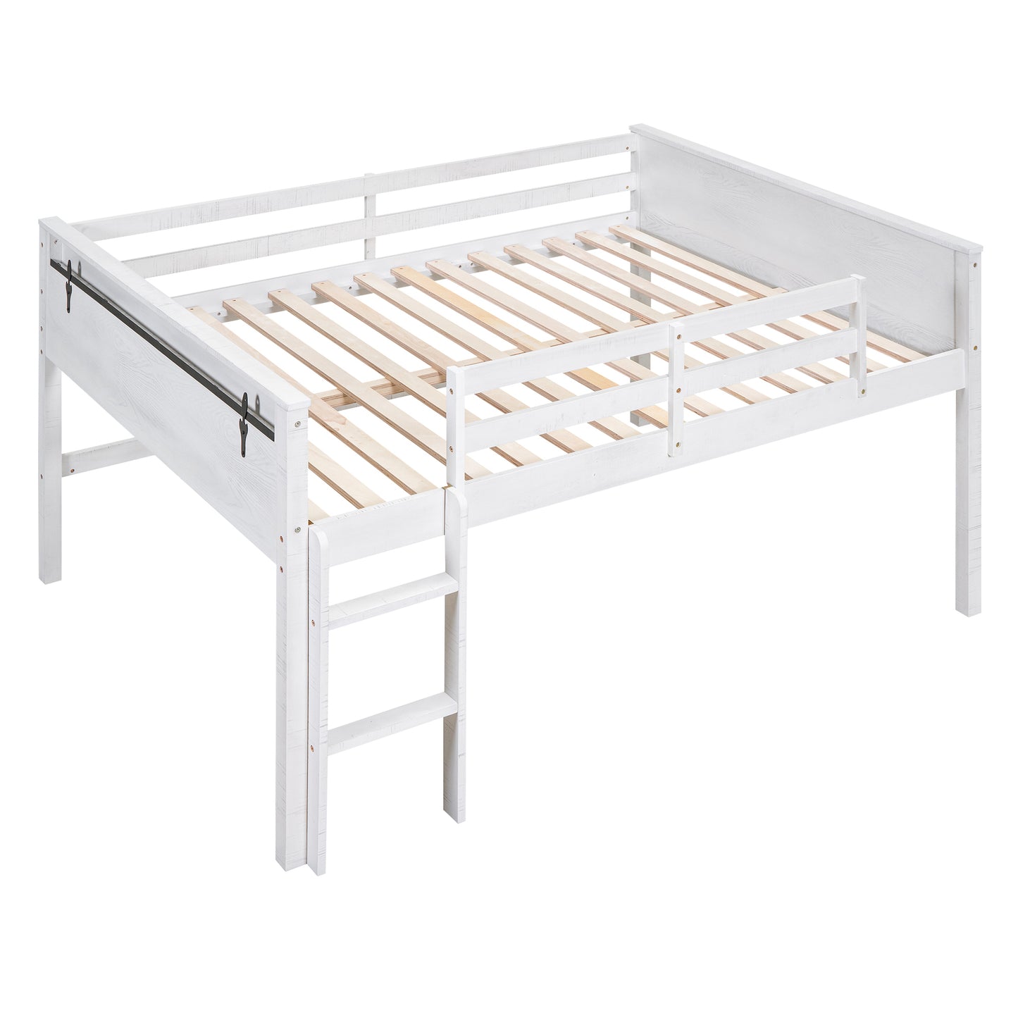 Wood Full Size Loft Bed with Hanging Clothes Racks, White