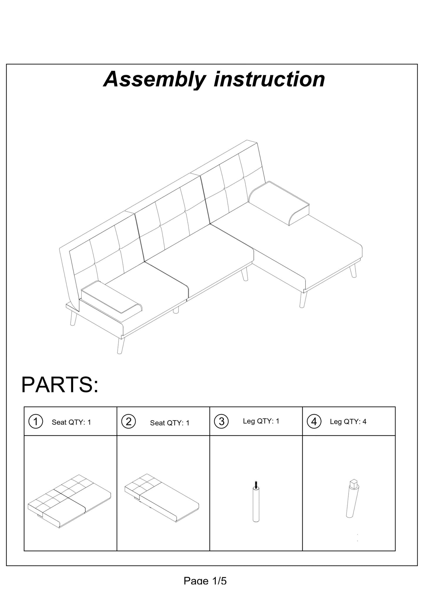 Blue Grey Polyfiber Adjustable Sectional Sofa Set with Tufted Back and Solid Wood Legs