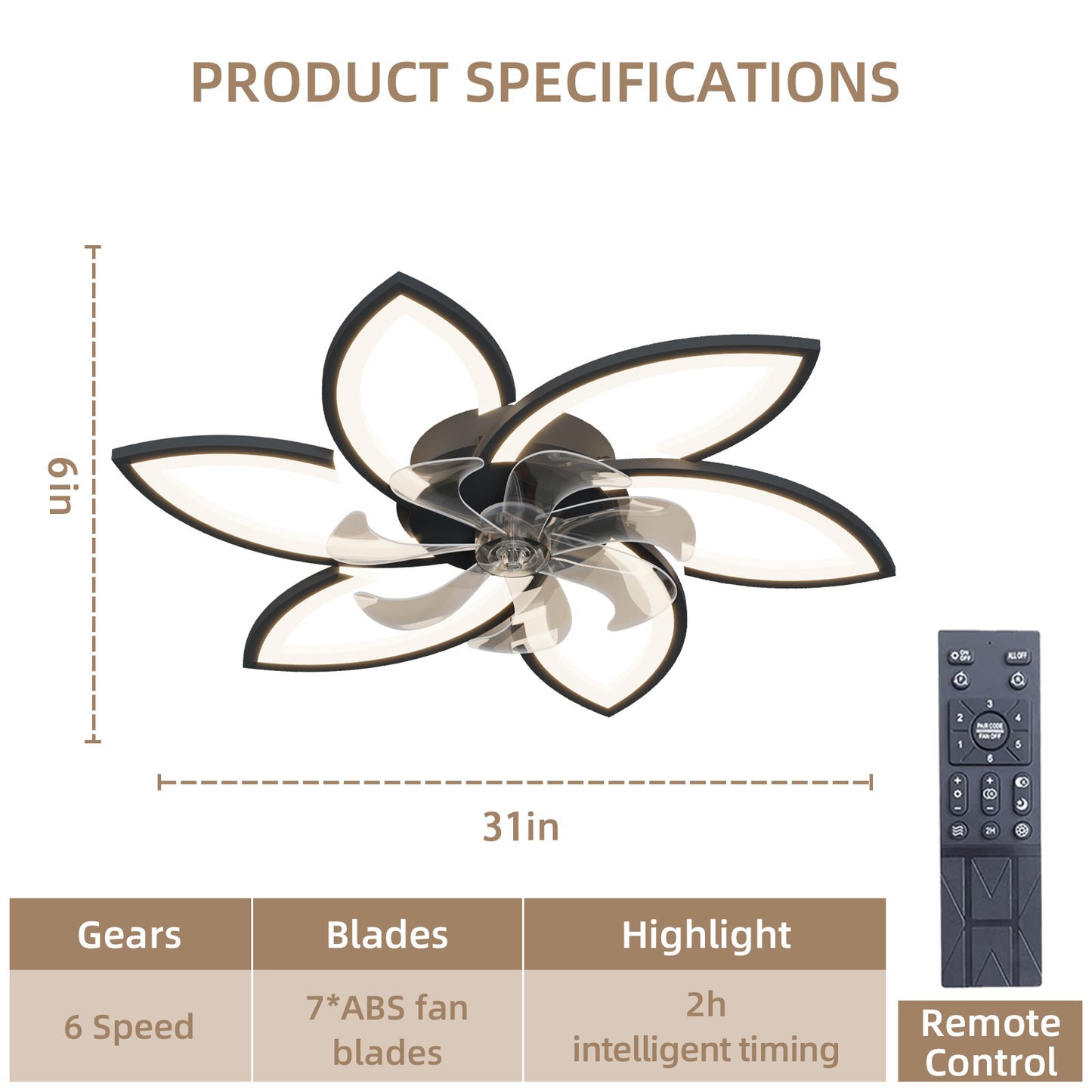 Modern 31-Inch Ceiling Fan with Dimmable LED Lights and Remote Control