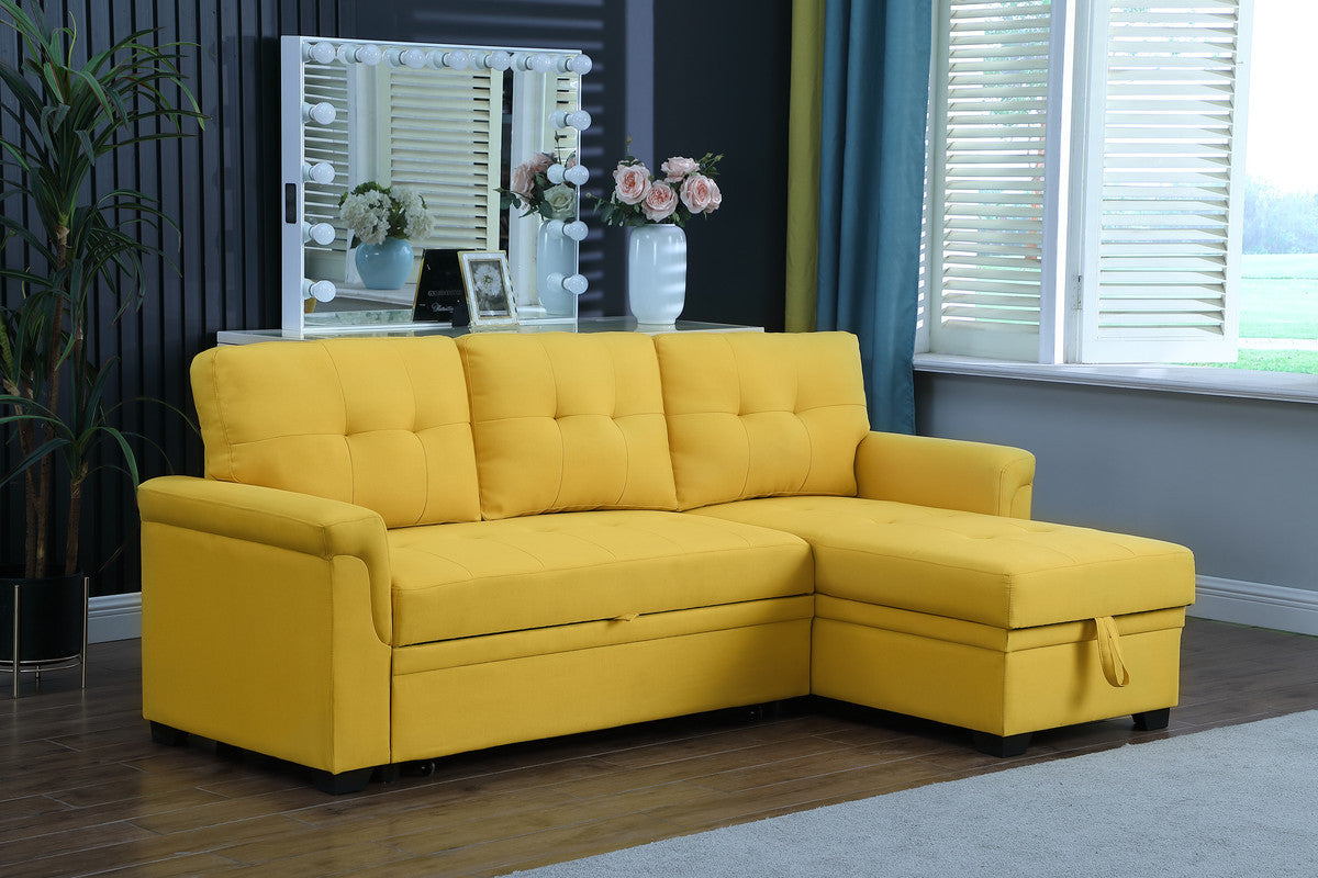 Lucca Yellow Linen Sleeper Sectional Sofa with Reversible Storage Chaise