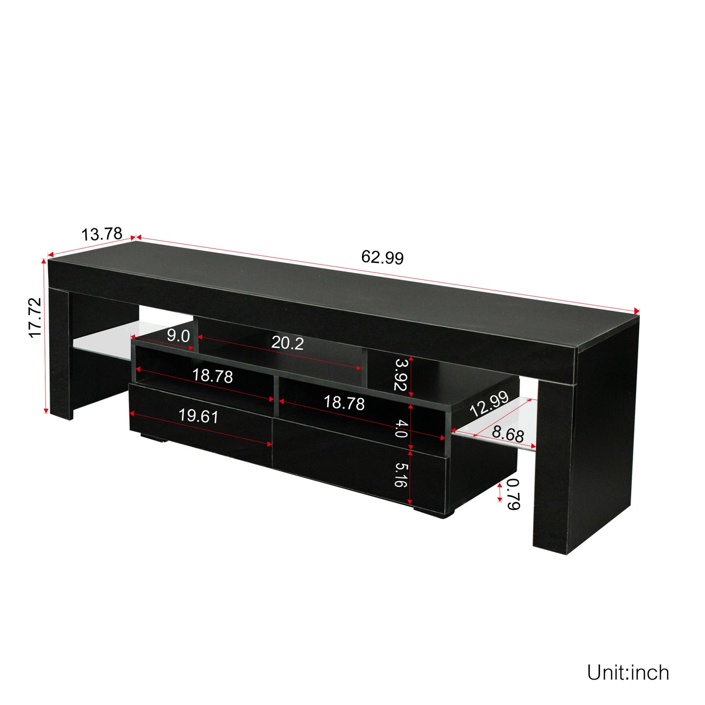 Modern Black TV Stand Cabinet with RGB LED Lights and Storage