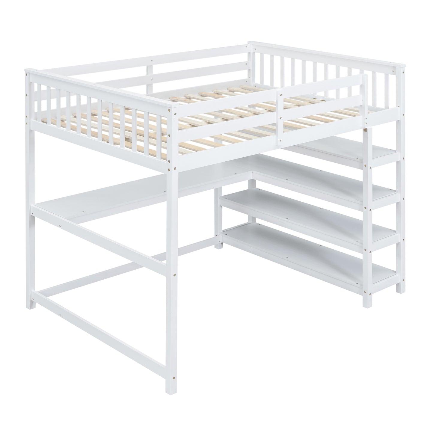 Full Size Loft Bed with Storage Shelves and Under-bed Desk, White