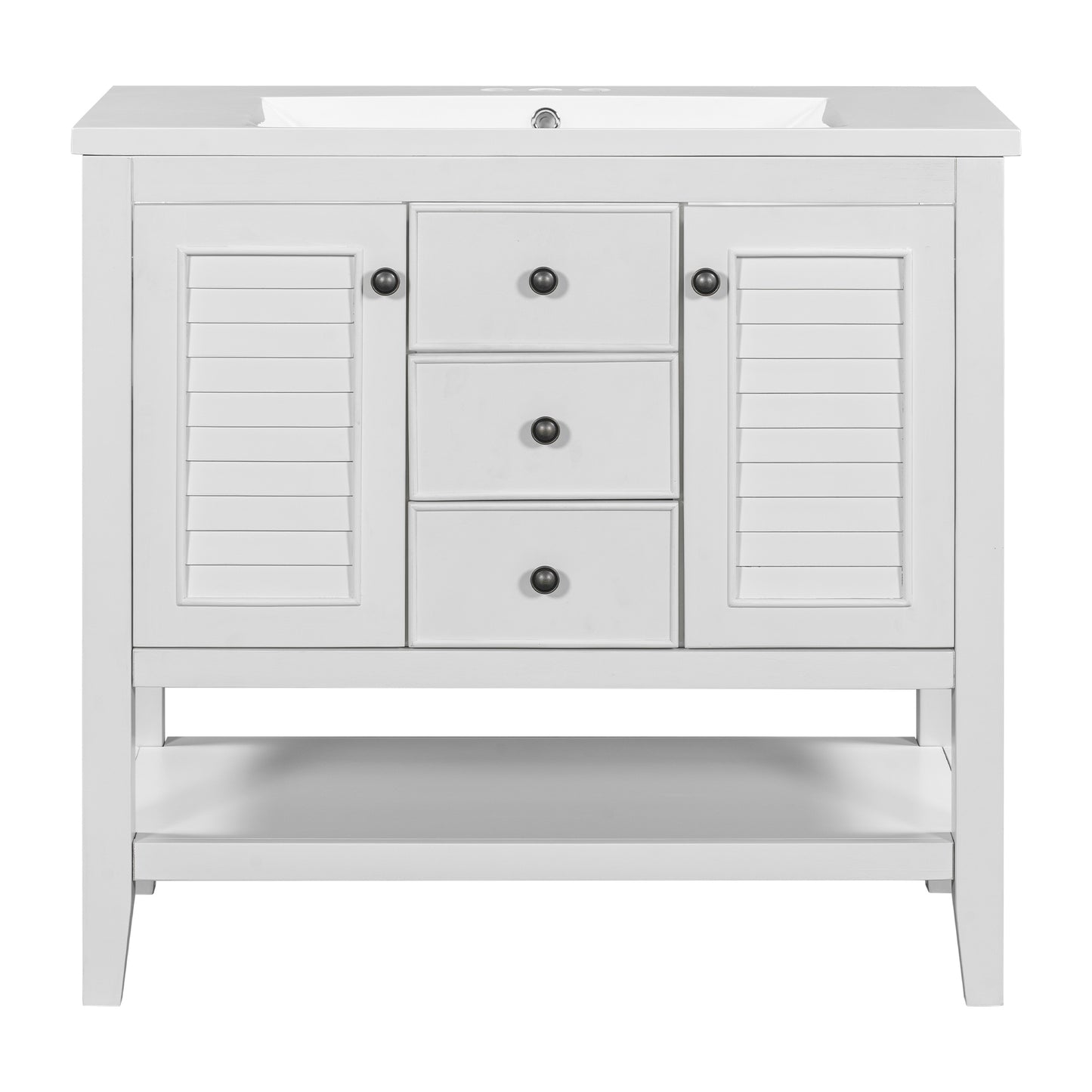 36" Bathroom Vanity with Ceramic Basin, Two Cabinets and Drawers, Open Shelf, Solid Wood Frame, White