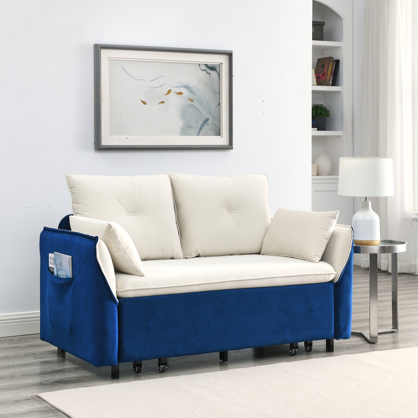 MH 57" Modern Convertible Sofa Bed with 2 Detachable Arm Pockets, Velvet Loveseat Multi-position adjustable Sofa with Pull Out Bed with Bedhead, 2 Pillows and Living Room, WHITE-BLUE