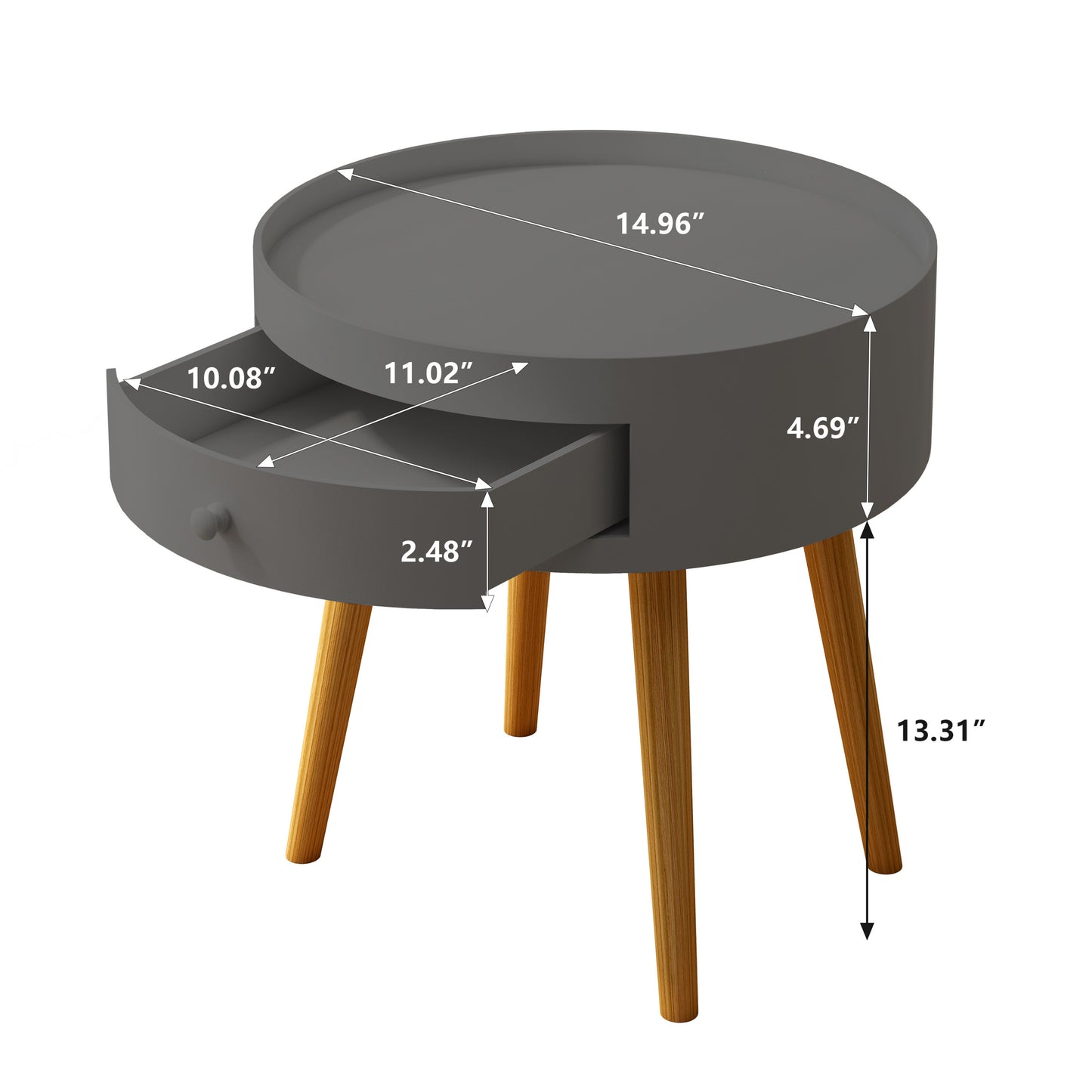 Gray Modern Coffee Table with Drawer and Oak Table Legs