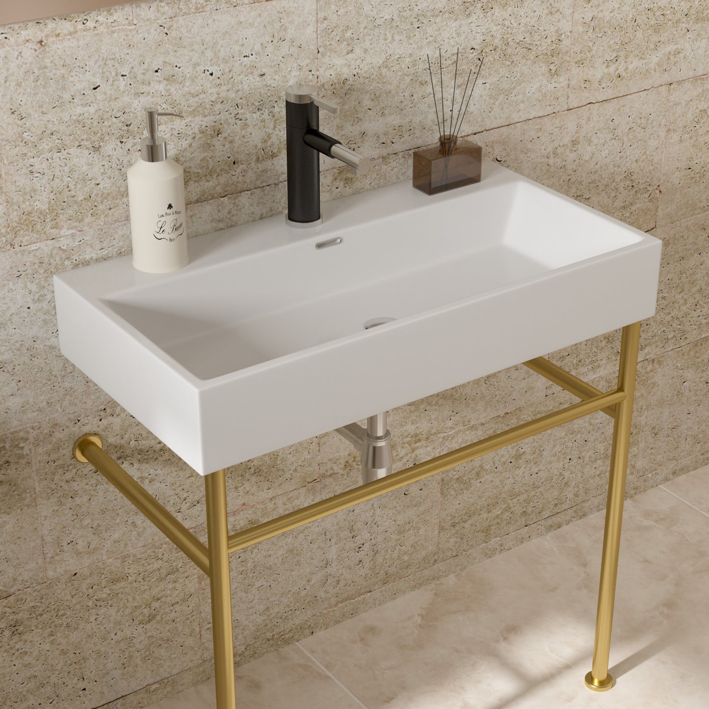 30" Bathroom Console Sink with Overflow,Ceramic Console Sink White Basin Gold Legs