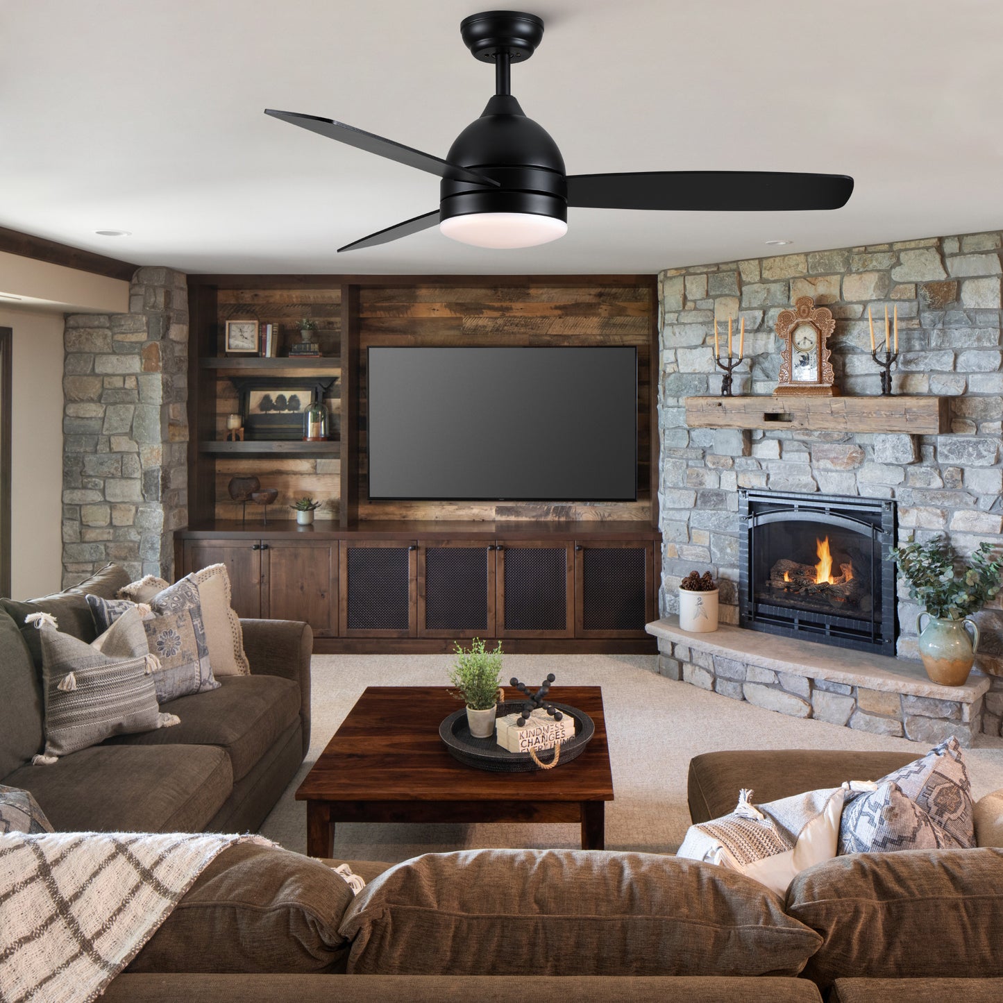 48-inch Smart Black Ceiling Fan with Remote Control, LED Light, and Plywood Blades