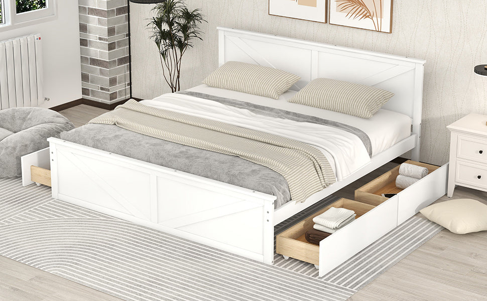 King Size Wooden Platform Bed with Four Storage Drawers and Support Legs, White