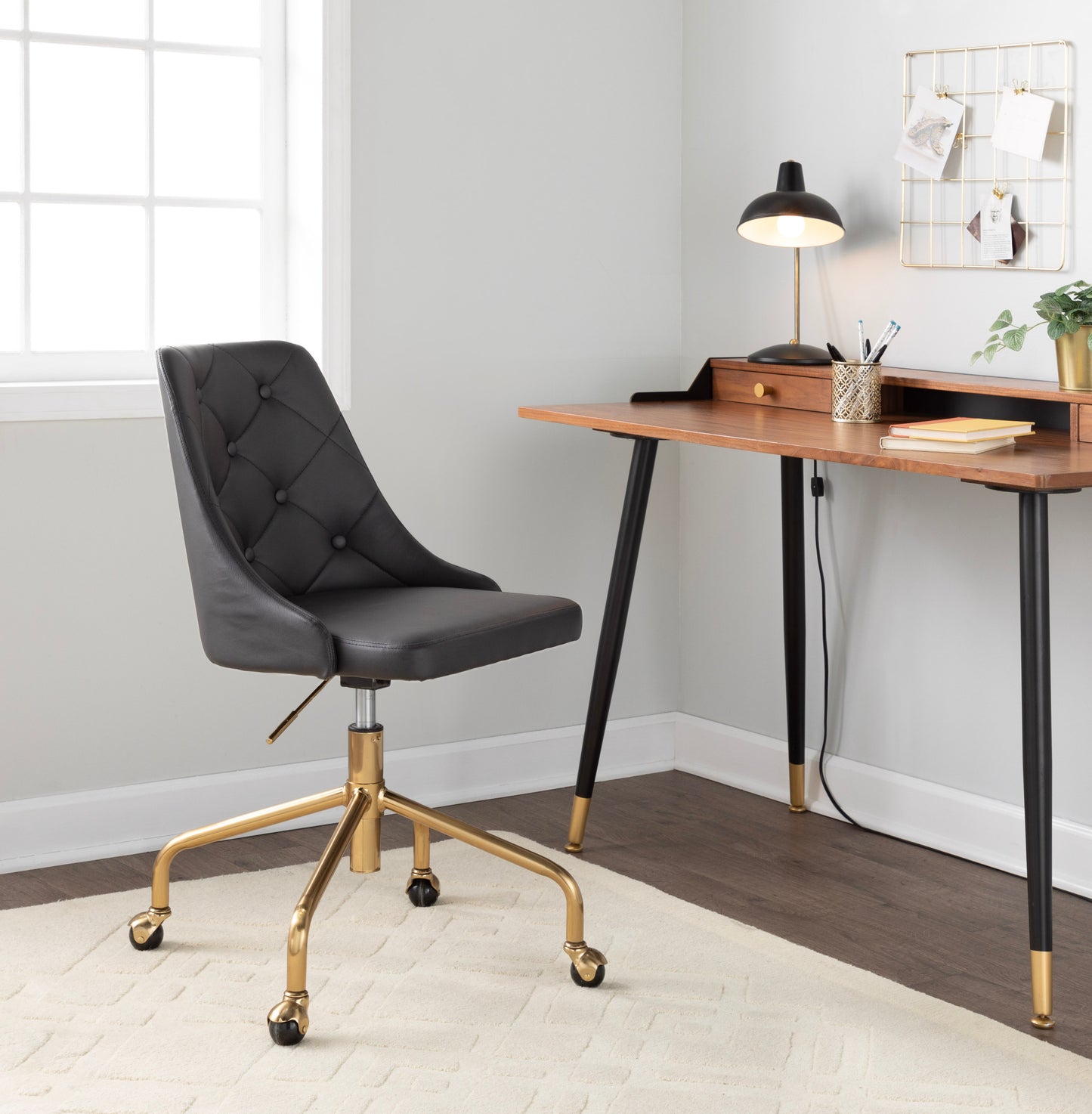 Marche Contemporary Adjustable Office Chair with Casters in Gold Metal and Black Faux Leather by LumiSource