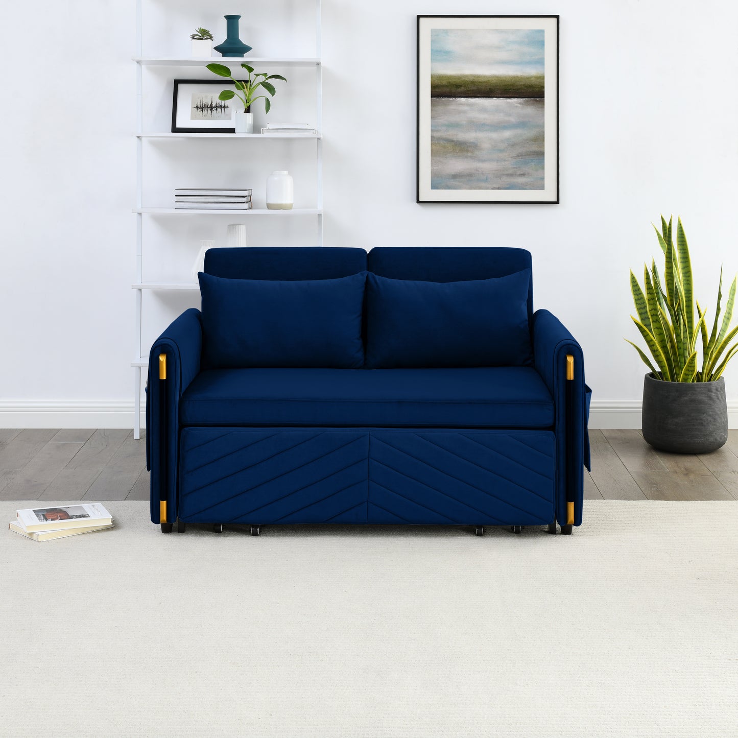 MH 54" Modern Convertible Sofa Bed with 2 Detachable Arm Pockets, Velvet Loveseat Multi-position adjustable Sofa with Pull Out Bed with Bedhead, 2 Pillows and Living Room, Blue