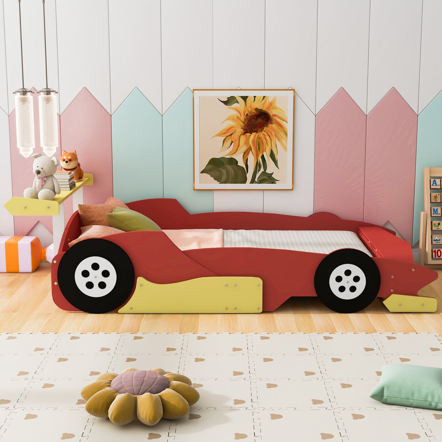 Full Size Race Car-Shaped Platform Bed with Wheels,Red