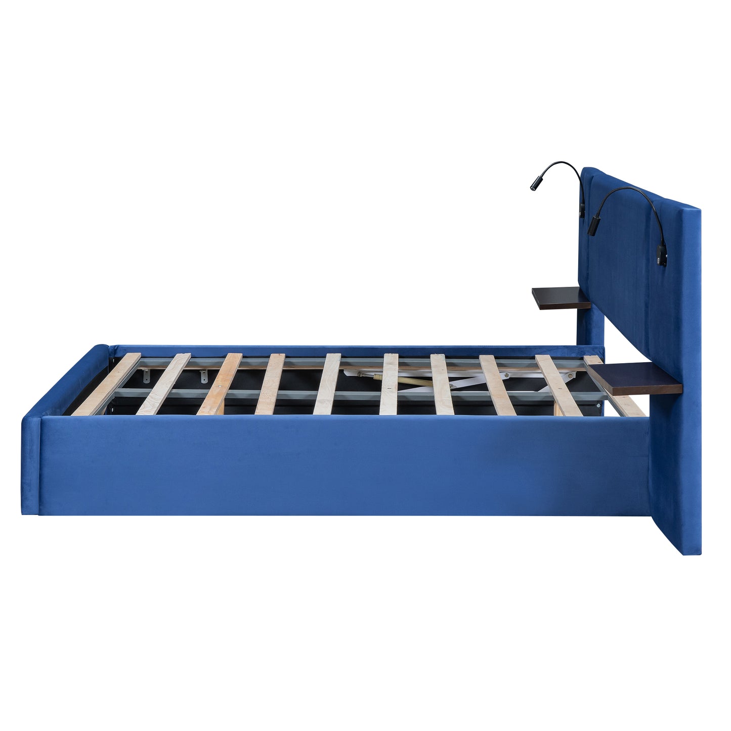 Full Size Storage Upholstered Hydraulic Platform Bed with 2 Shelves, 2 Lights and USB, Blue