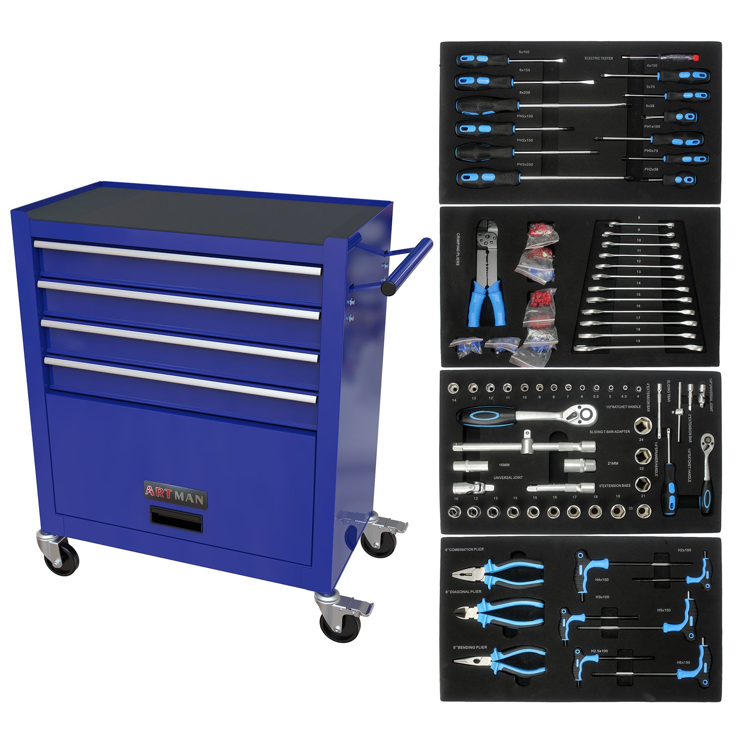 4 Drawers Tool Cabinet with Tool Sets--BLUE