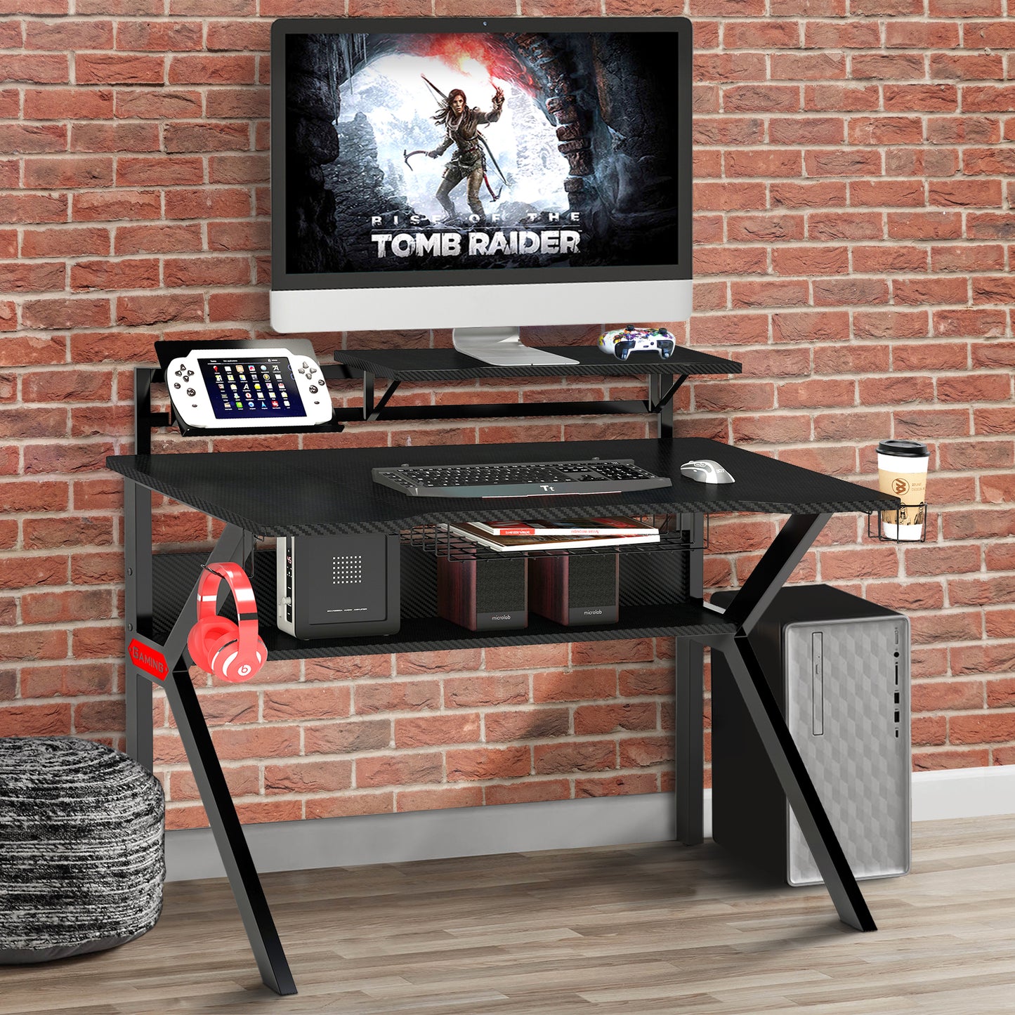 Sleek Gaming Desk with Innovative Design and Carbon Fiber Shelves