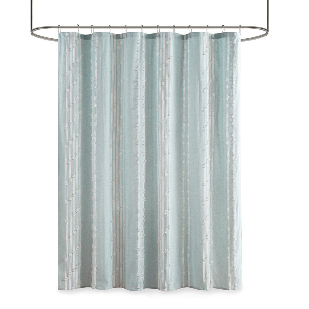 Stripe Jacquard Cotton Shower Curtain with Aqua Details