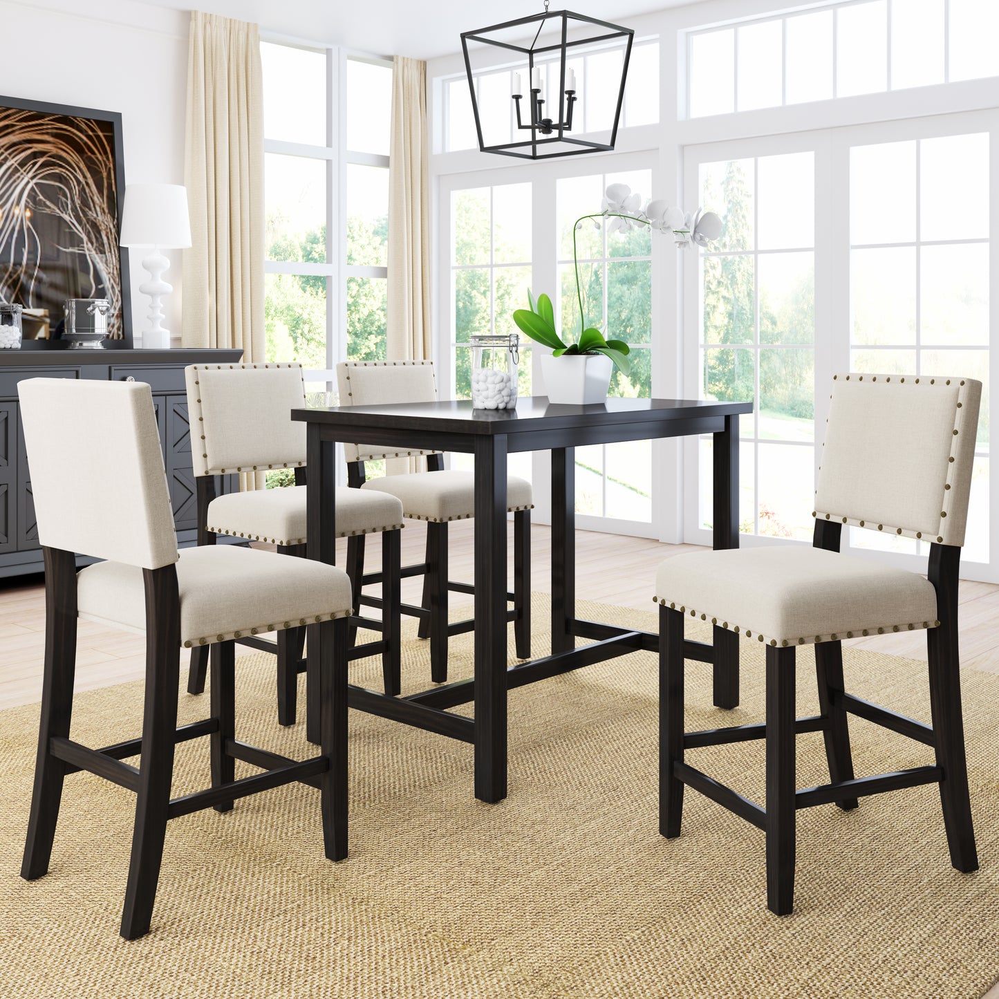 5 Piece Rustic Wooden Counter Height Dining Table Set with 4 Upholstered Chairs for Small Places, Espresso+ Beige