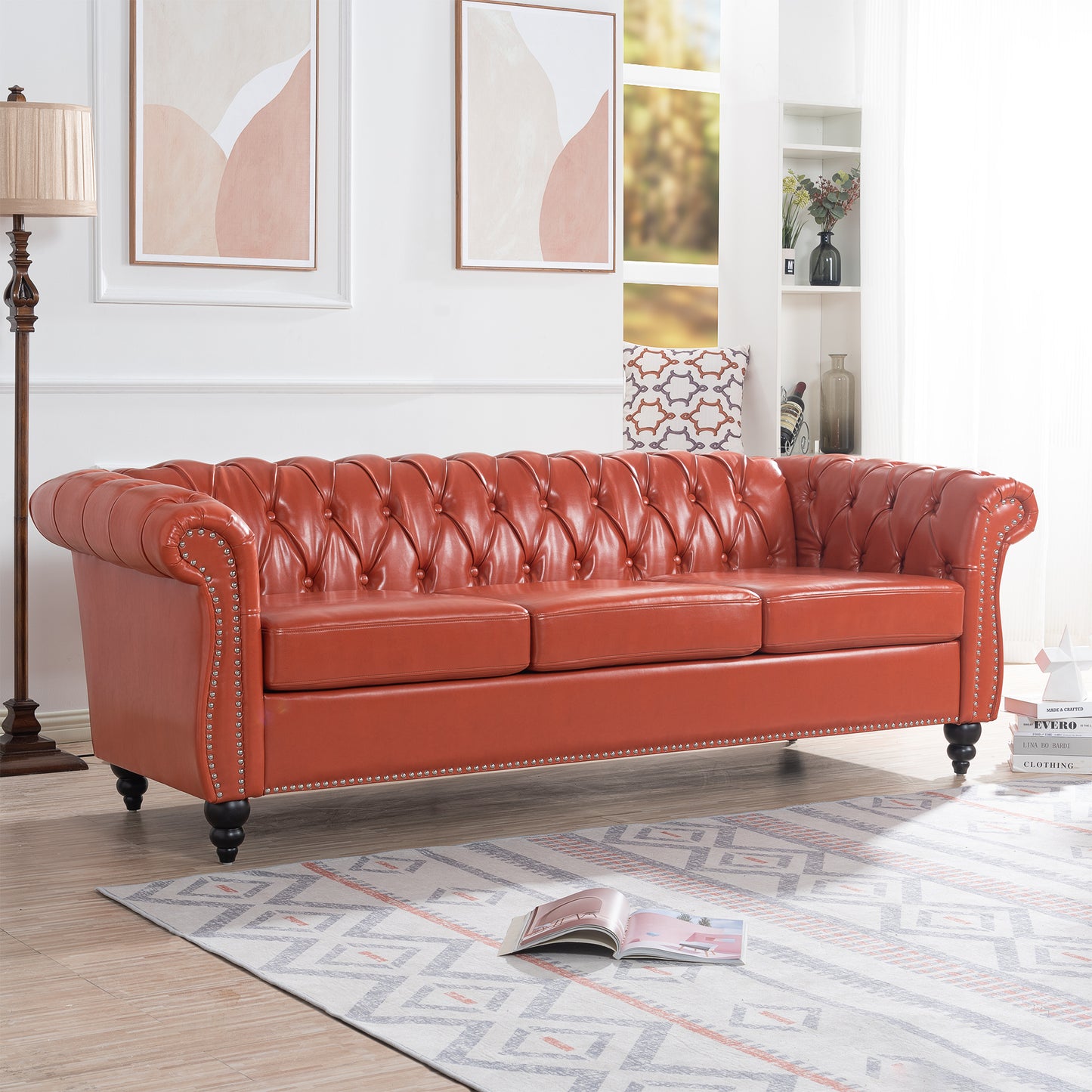 Classic Design 3-Seater Sofa with Rolled Arms and Chesterfield Look