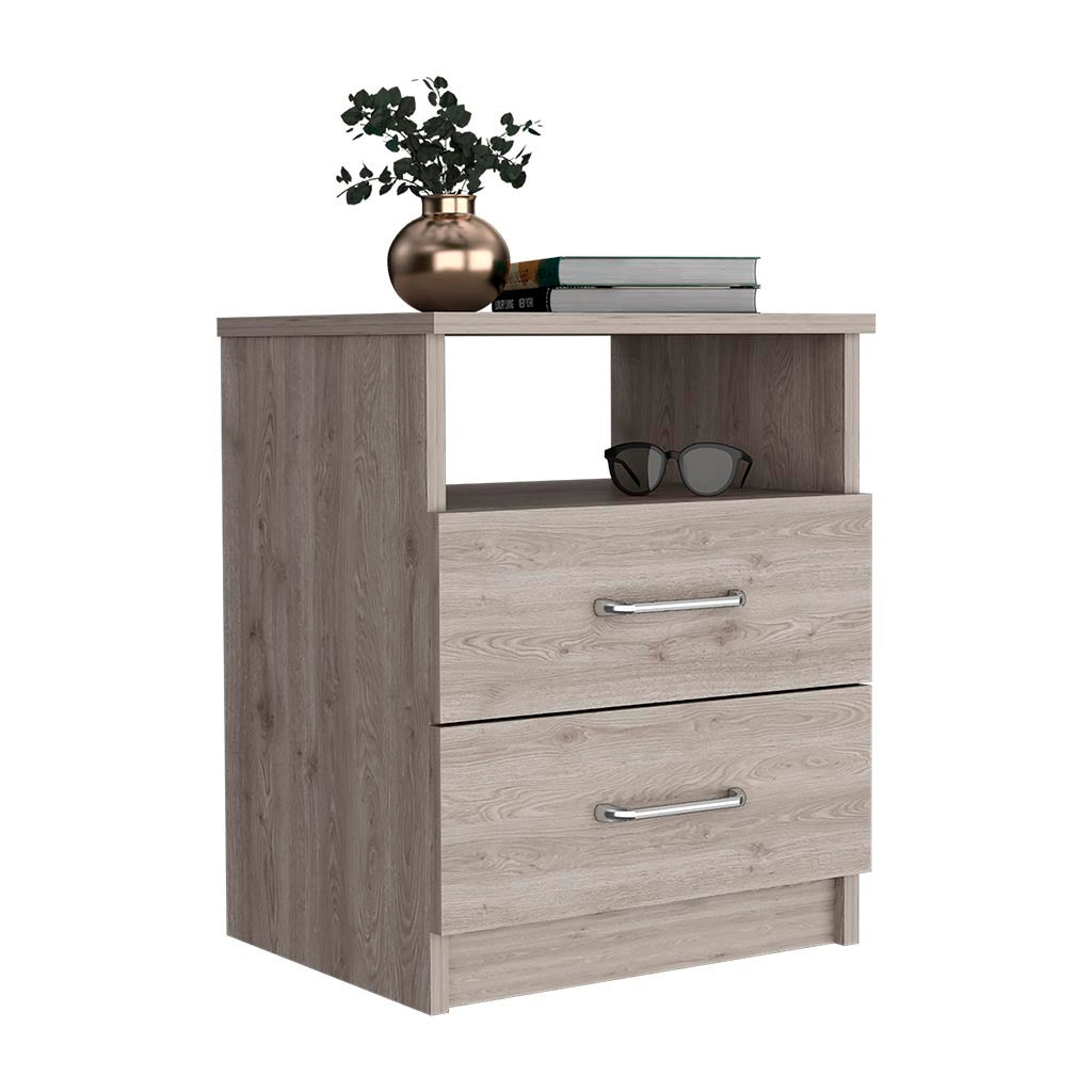 Nightstand Olienza, Two Drawers, One Shelf, Light Gray Finish