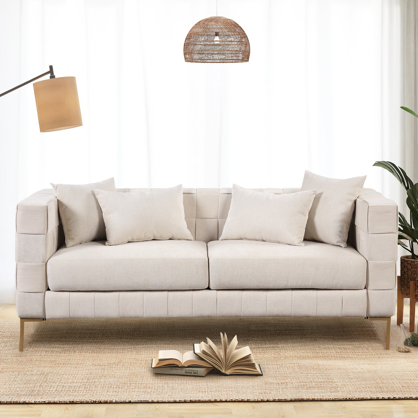 80.5 Modern Upholstered Sofa with Golden Metal Legs and Pillows