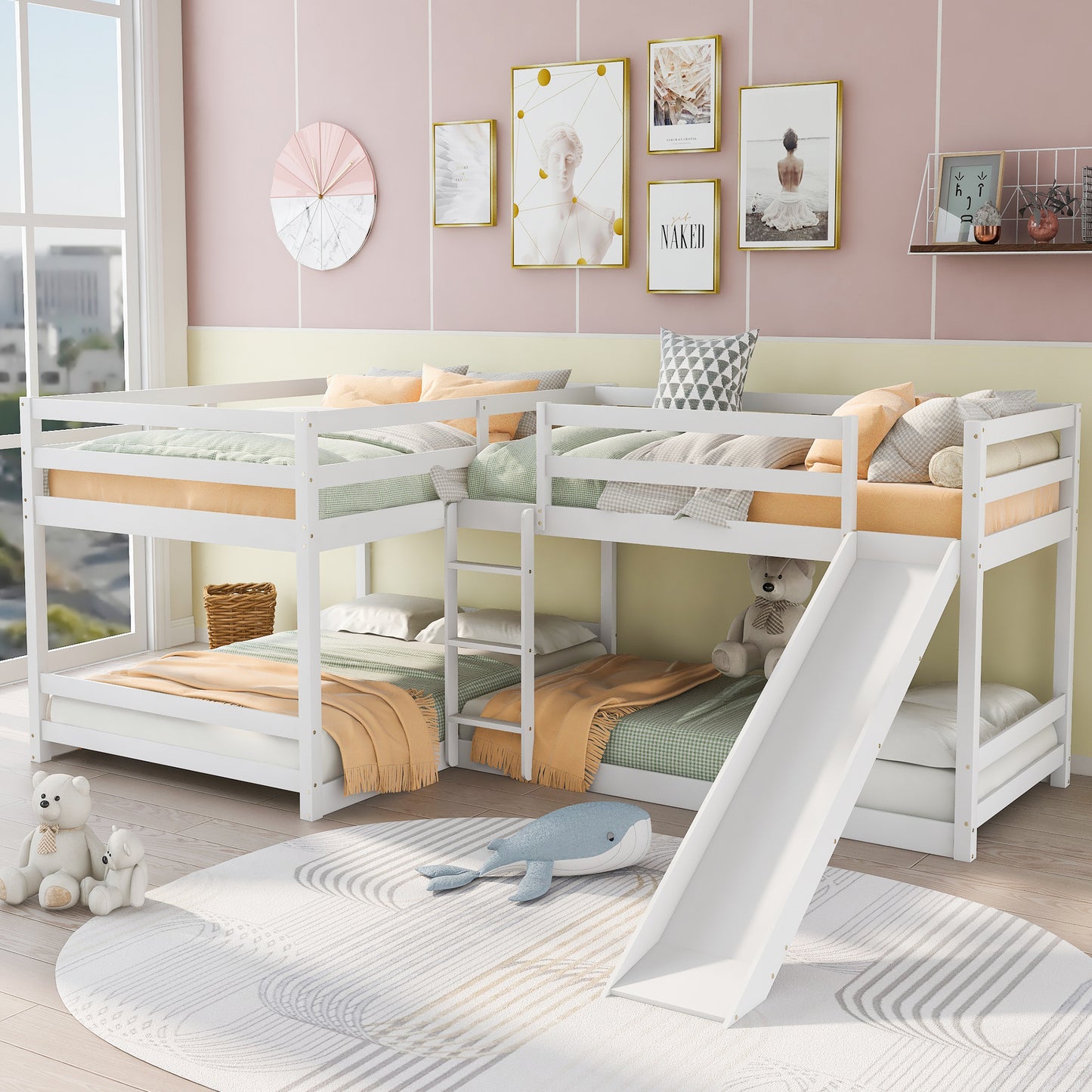 Elegant White L-Shaped Bunk Bed with Slide and Twin/Twin Configuration