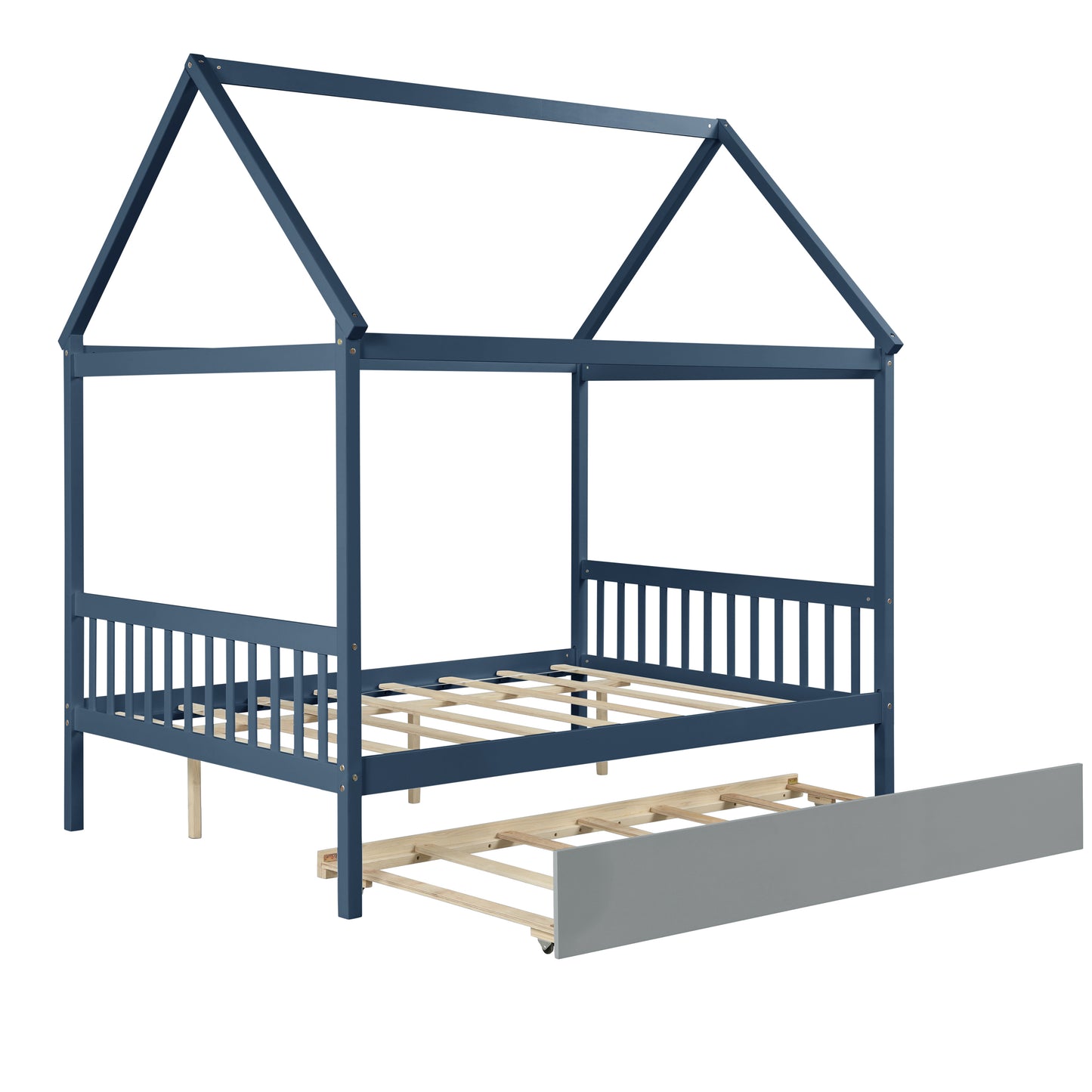 NAVY BLUE HOUSE FULL BED WITH TRUNDLE OF GREY COLOR