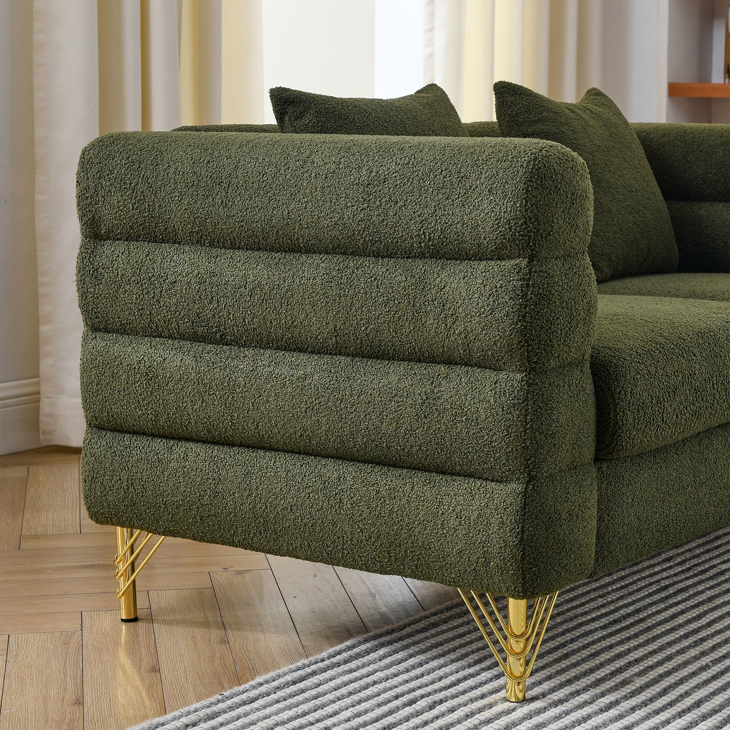 Oversized 3 Seater Green Teddy Sectional Sofa with 3 Pillows