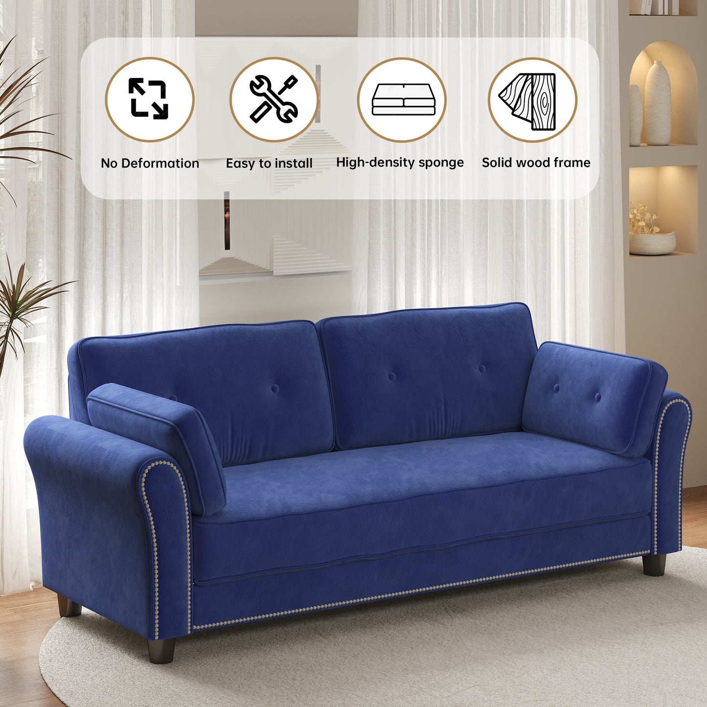 2067 Velvet Upholstered Sofa with Nail Head Trim and Button Back Design