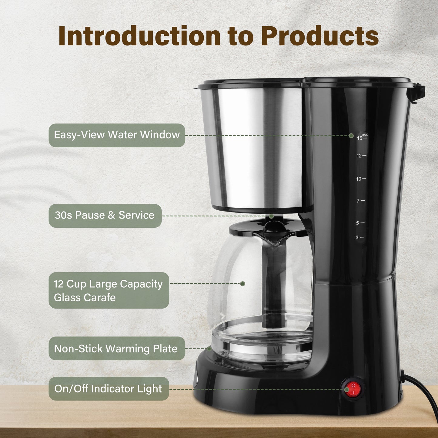 Drip Coffee Machine with 12-Cup Capacity, Anti-Drip Feature, Automatic Keep Warm Function, Clear Water Level Indicator, Compact Black Coffee Maker, Stainless Steel