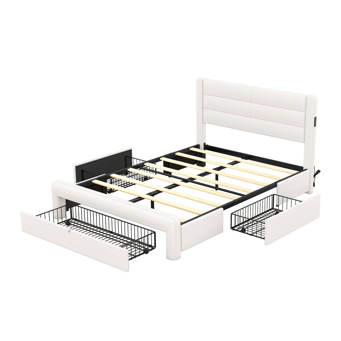 Queen Size Bed Frame with Drawers Storage, Leather Upholstered Platform Bed with Charging Station, White (Expect arrive date Jan. 12th. 2024)