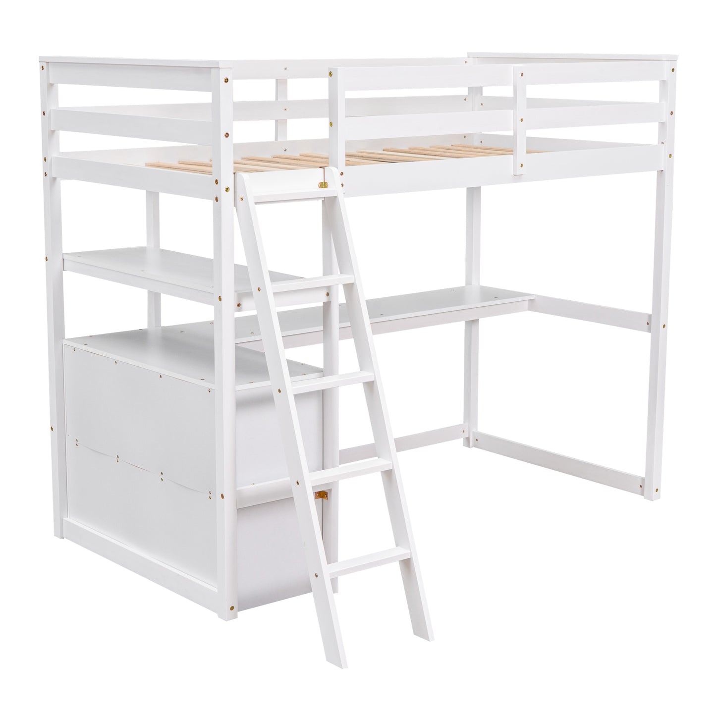 Twin Size Loft Bed with Desk and Shelves, Two Built-in Drawers, White (: GX000803AAK-1)