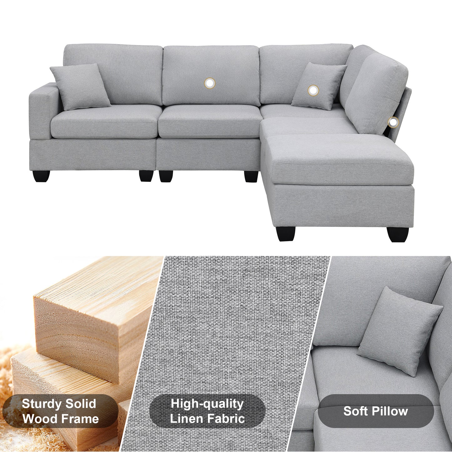 Modern 5-Seat Sectional Sofa Set with Convertible Ottoman