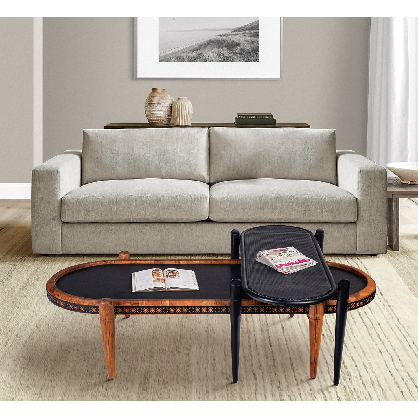 Acacia Wood and Metal Oval Nesting Coffee Table Set, Brown/Black, 50 & 39 Inch