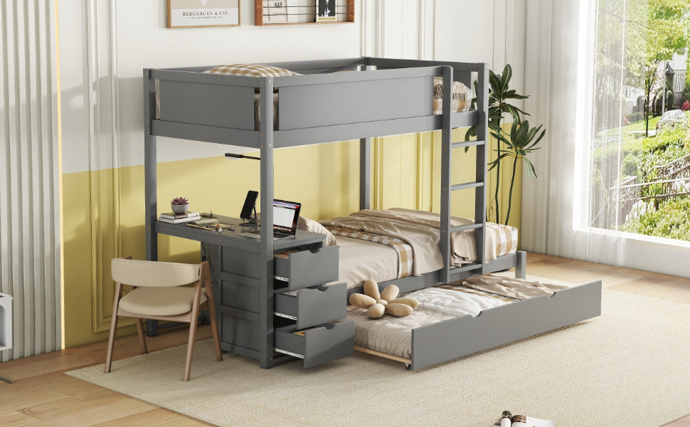 Gray Twin Bunk Bed Set with Trundle, Storage, Desk and USB Ports