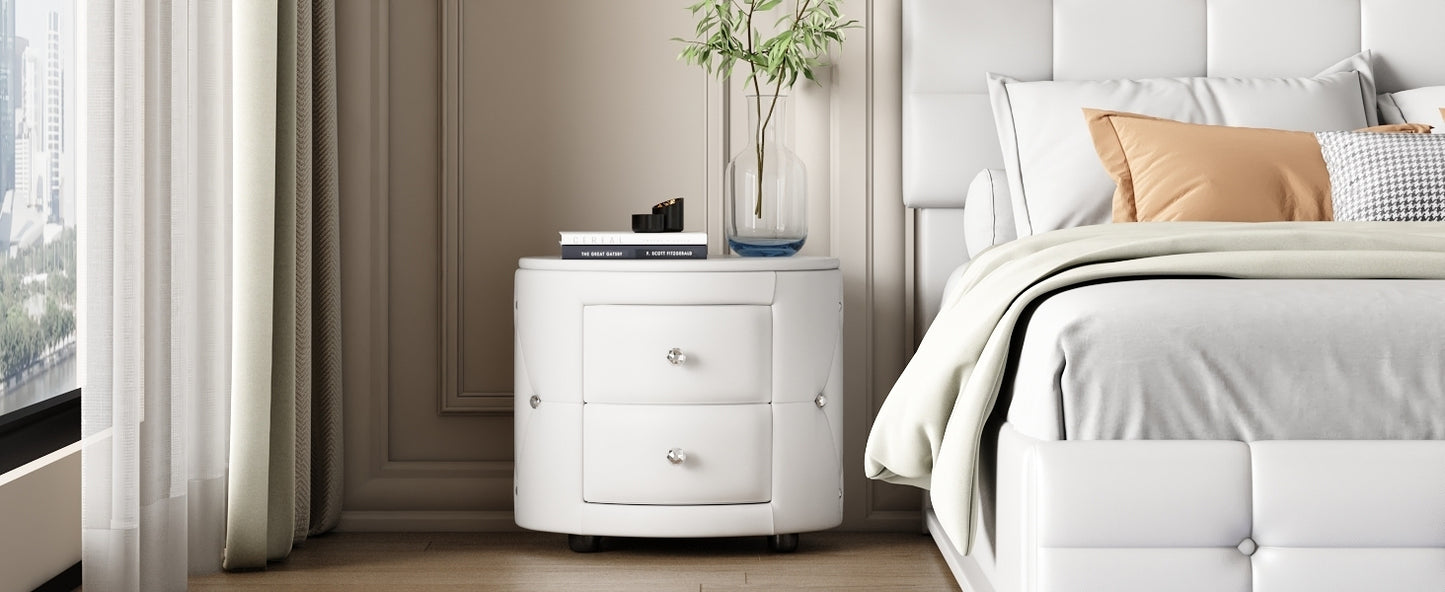 Elegant PU Nightstand with 2 Drawers and Crystal Handle,Fully Assembled Except Legs&Handles,Storage Bedside Table - White