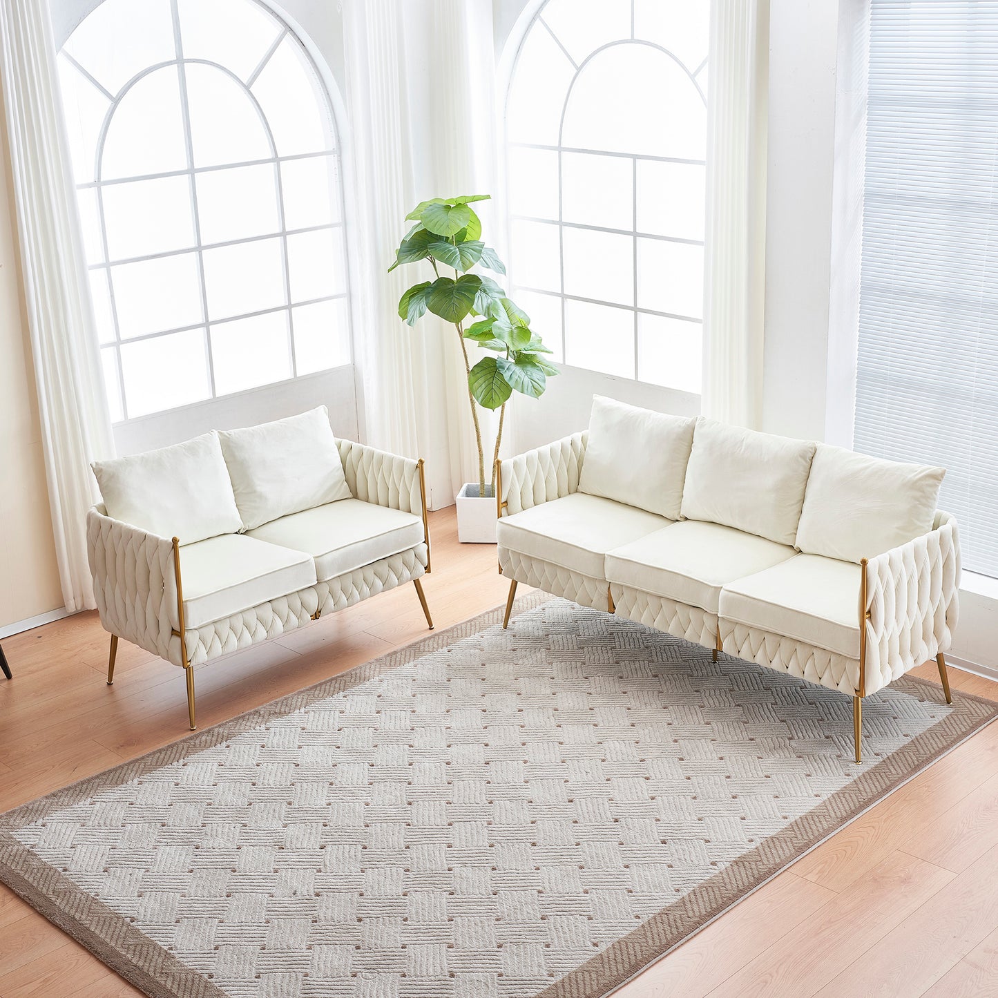 Handmade Woven Velvet Sofa Set with Metal Frame for Living Room, Cream White Velvet