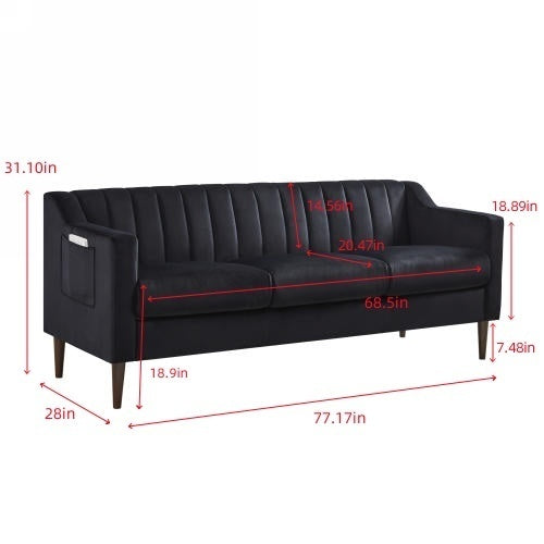 Modern Chesterfield sofa couch, Comfortable Upholstered sofa with Velvet Fabric and Wooden Frame and Wood Legs for Living Room/Bedroom/Office Black --3 Seats