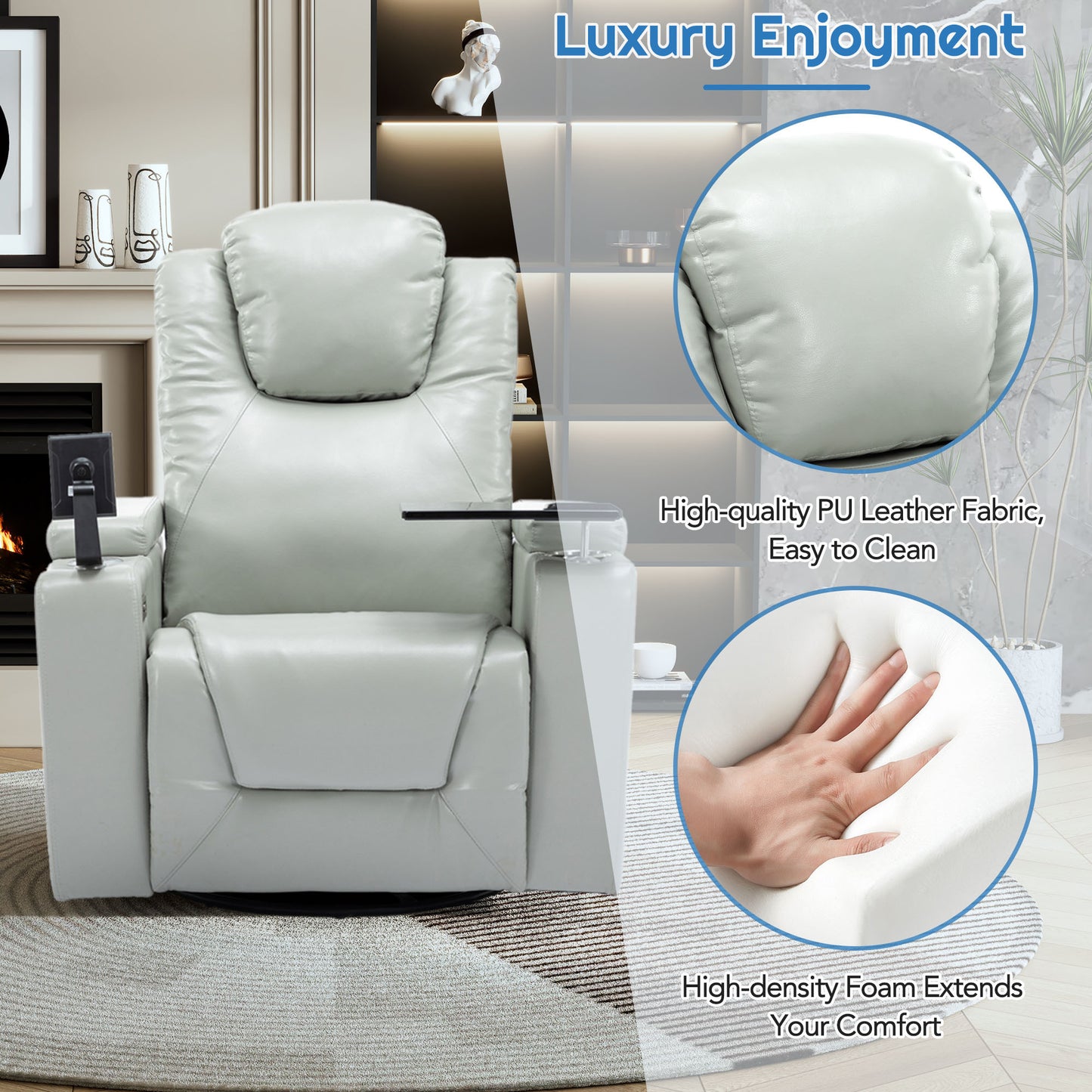 Luxurious Grey PU Leather Power Recliner with Surround Sound and Storage.