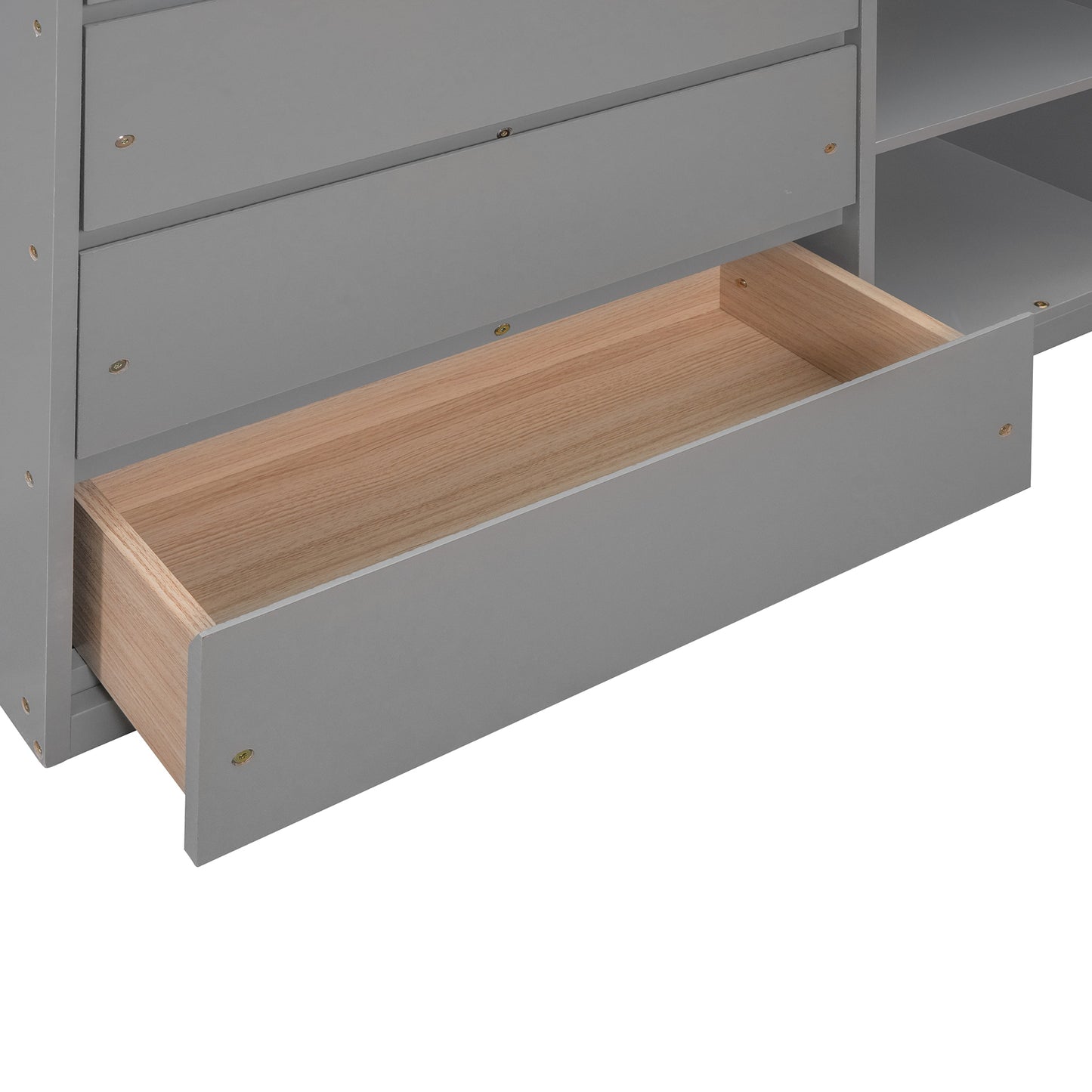 Space-Saving Gray Twin Bunk Bed with Storage and Built-in Shelves for Twin over Twin Configuration