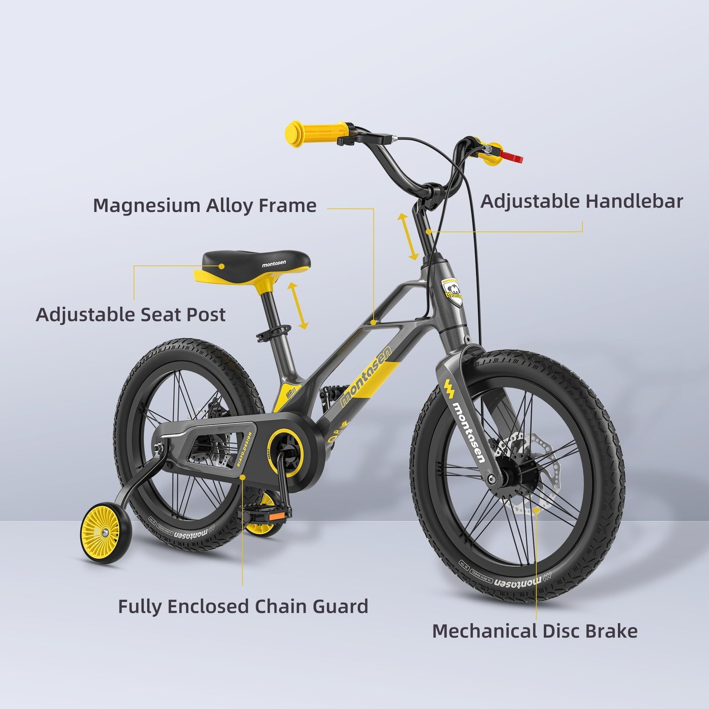 Montasen Kids Bike 16 Inch Bicycle for Boys Girls Ages 4-8 Years, Lightweight Magnesium Alloy Frame, Disc Adjustable Handlebar Training Wheels Gray Yellow Color