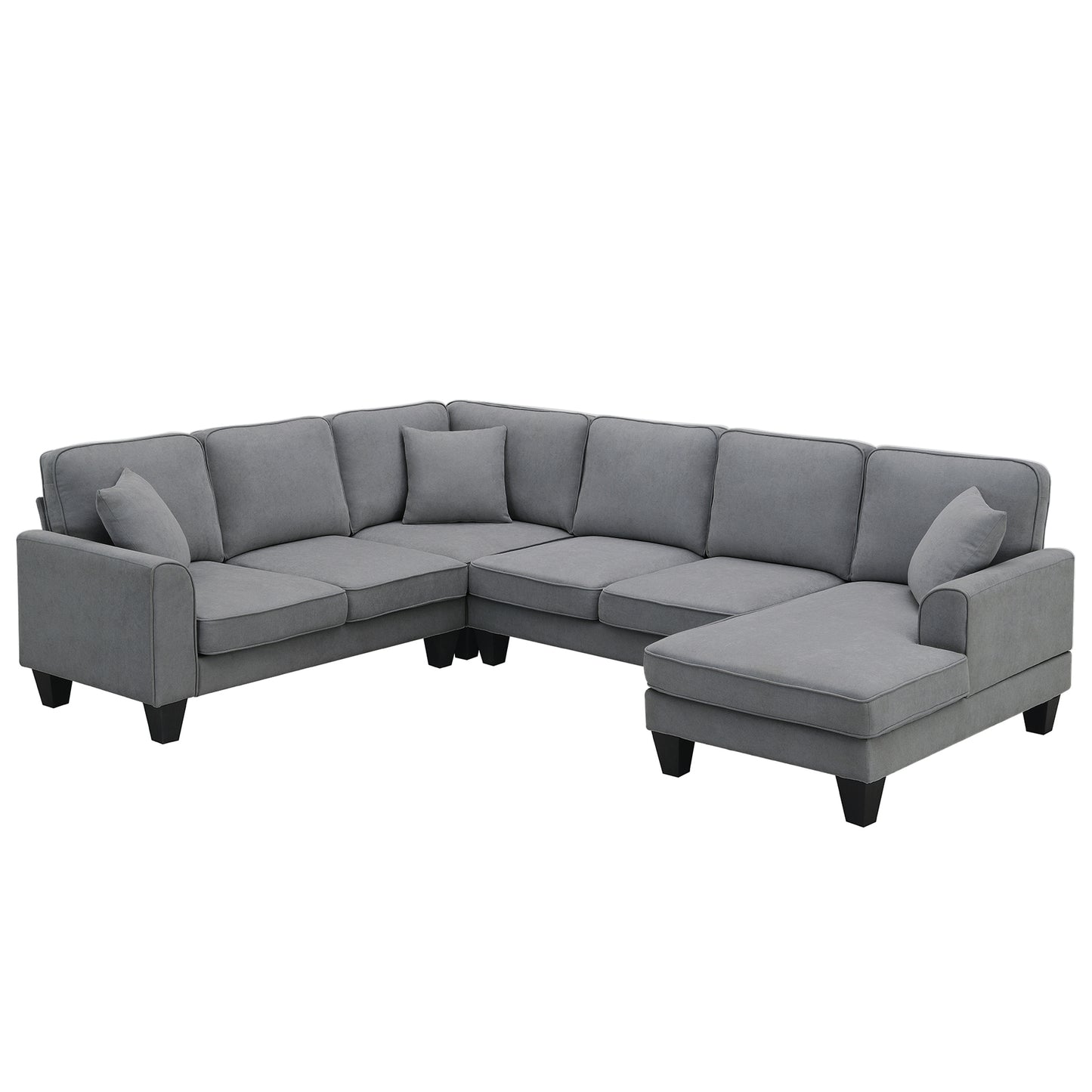 Modern U Shape Sectional Sofa Set with 3 Pillows, 7 Seat Fabric Sectional Sofa for Living Room, Apartment, Office