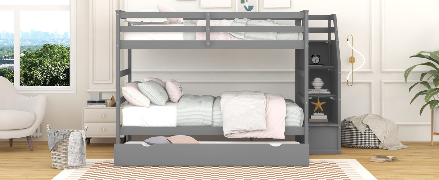 Gray Full Bunk Bed with Trundle and 3 Storage Stairs