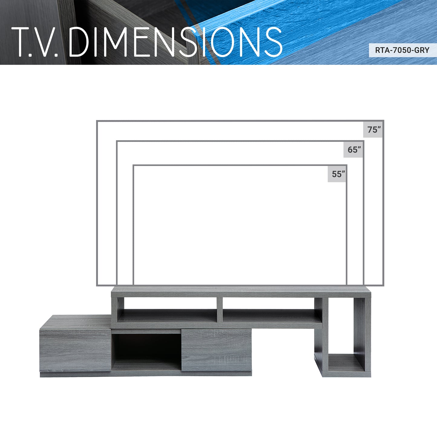 Adjustable Grey Solid Wood TV Stand Console for TVs Up to 65