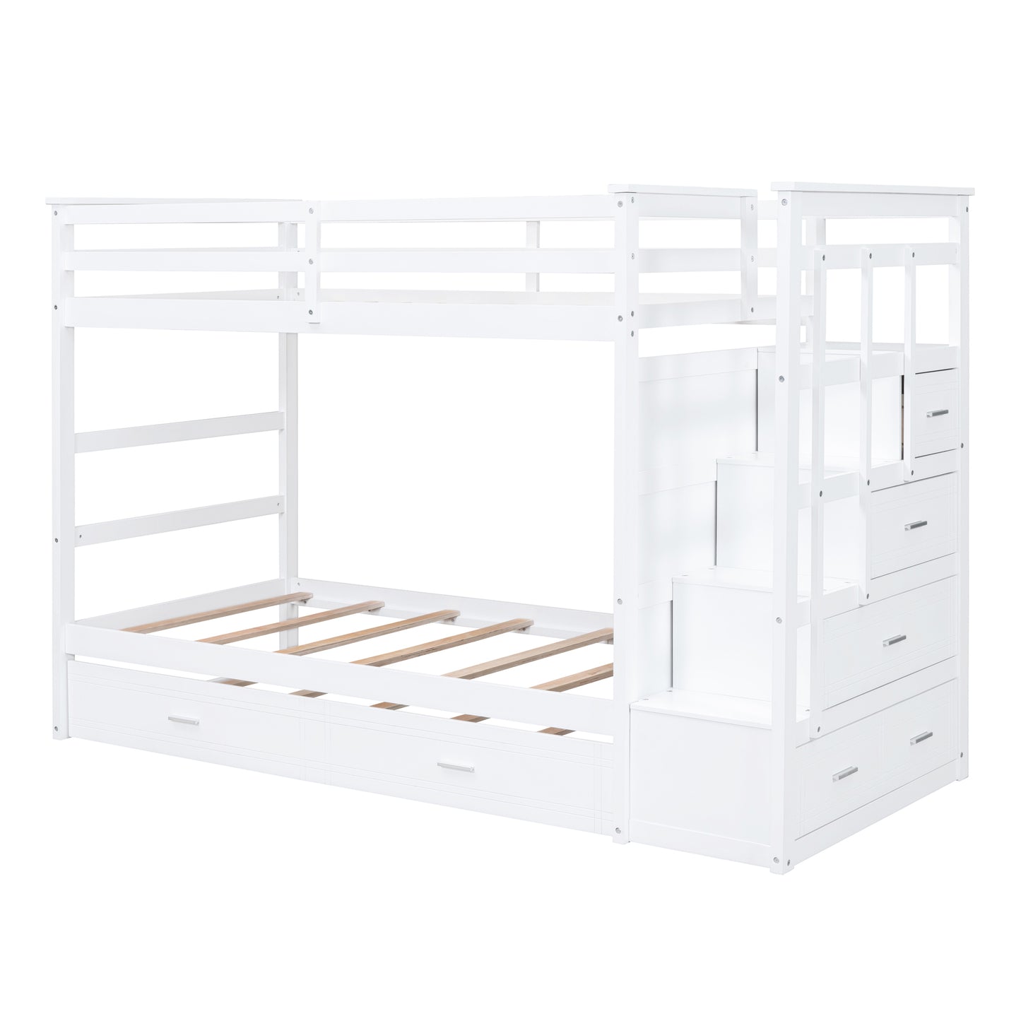 White Twin Over Twin Bunk Bed with Trundle, Staircase, and Storage Drawers